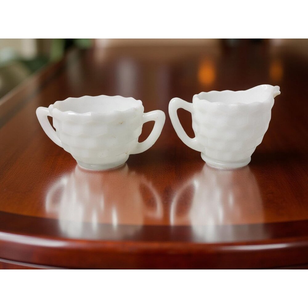 Vintage "Cube" Milk Glass Creamer and Sugar Bowl, Jeannette Glass